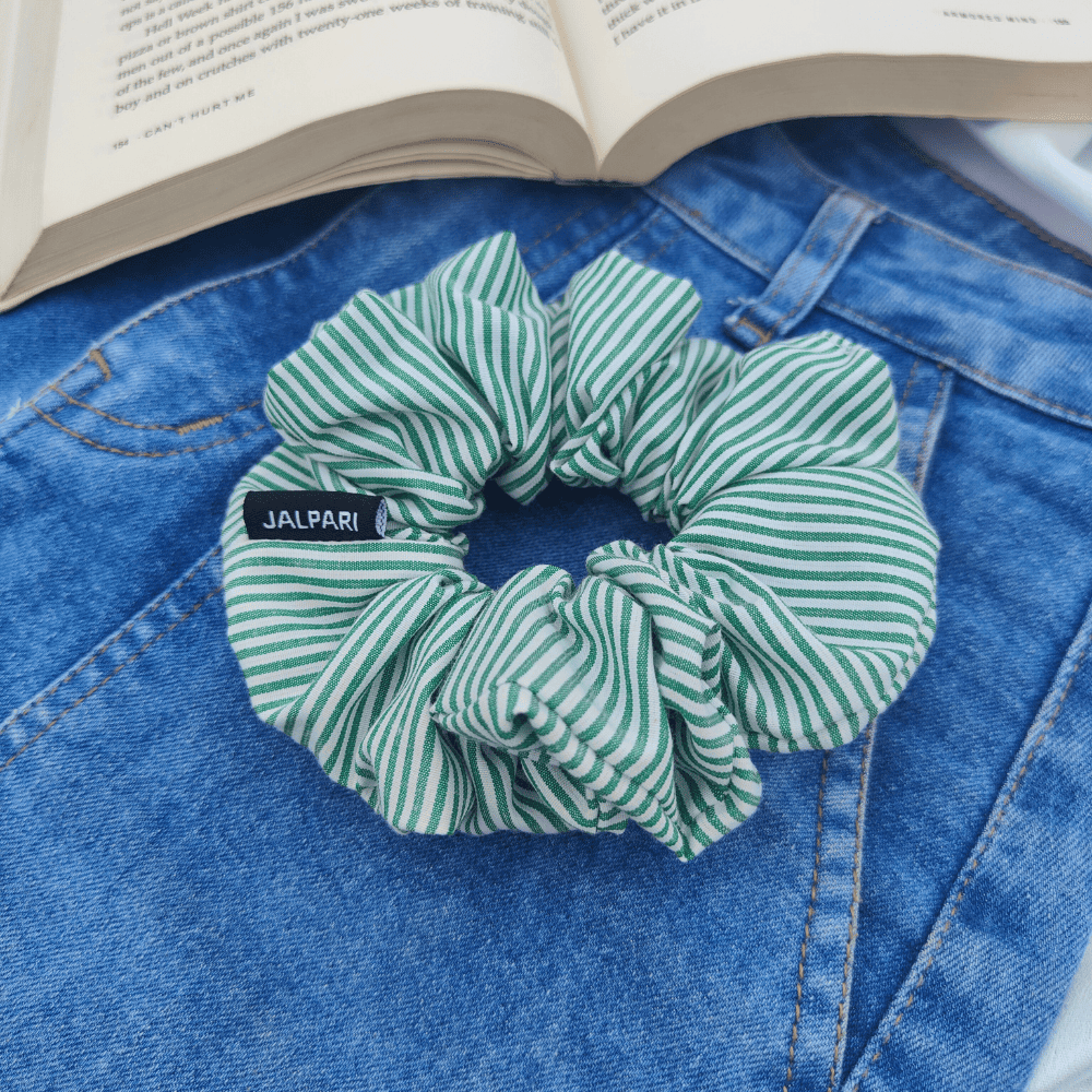SCRUNCHIE | GREEN AND WHITE STRIP PATTERN | COTTON FABRIC