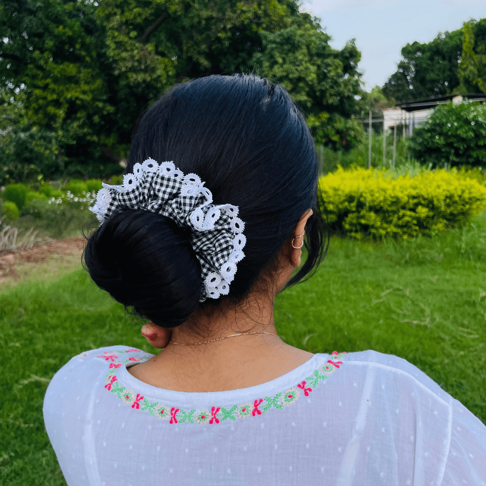 BUN SCRUNCHIE | BLACK AND WHITE GINGHAM | COTTON FABRIC
