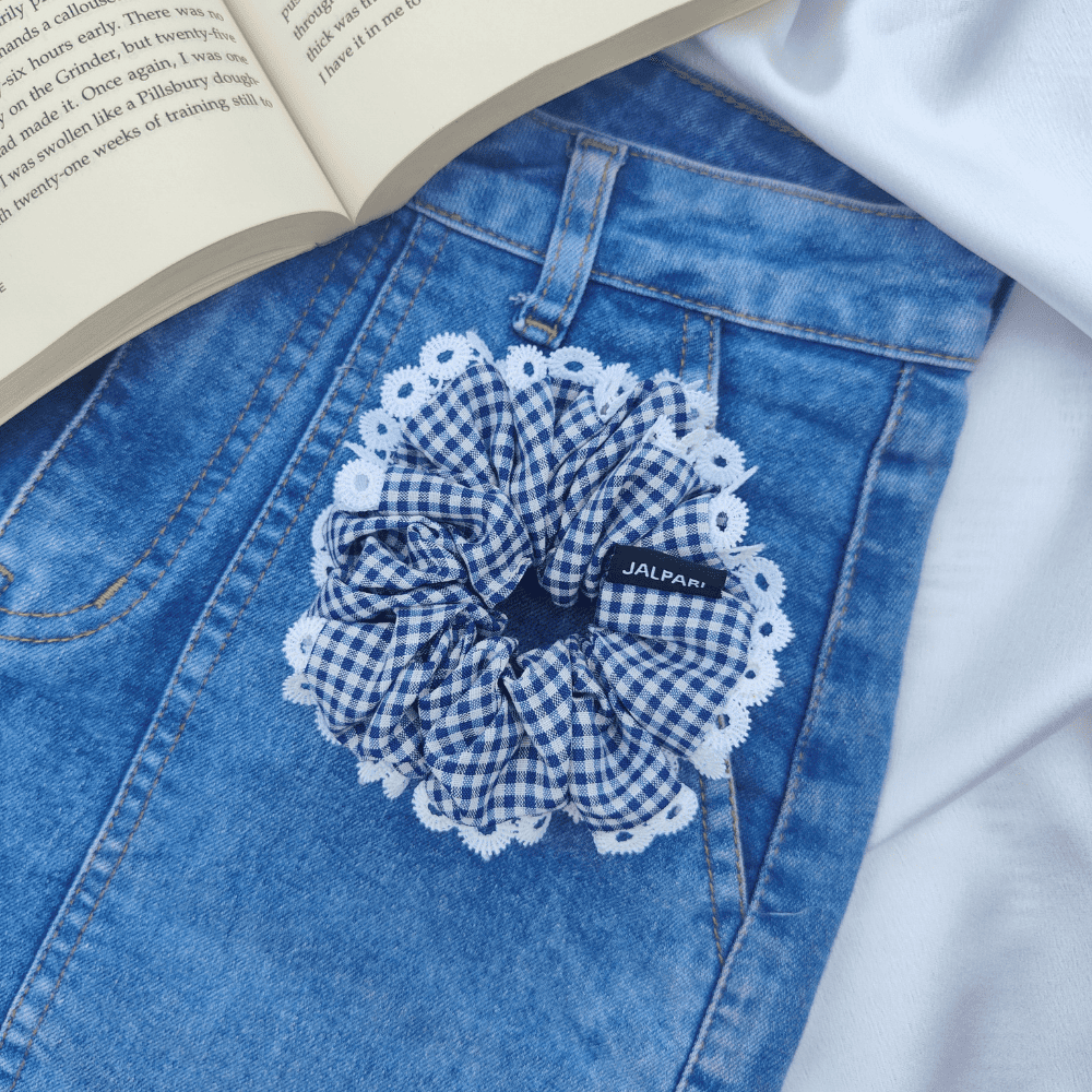 BUN SCRUNCHIE | BLUE AND WHITE GINGHAM| COTTON FABRIC