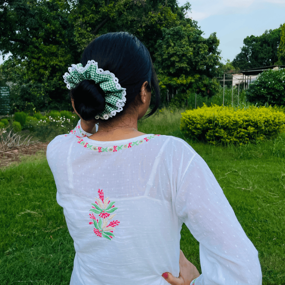 BUN SCRUNCHIE | GREEN AND WHITE GINGHAM | COTTON FABRIC