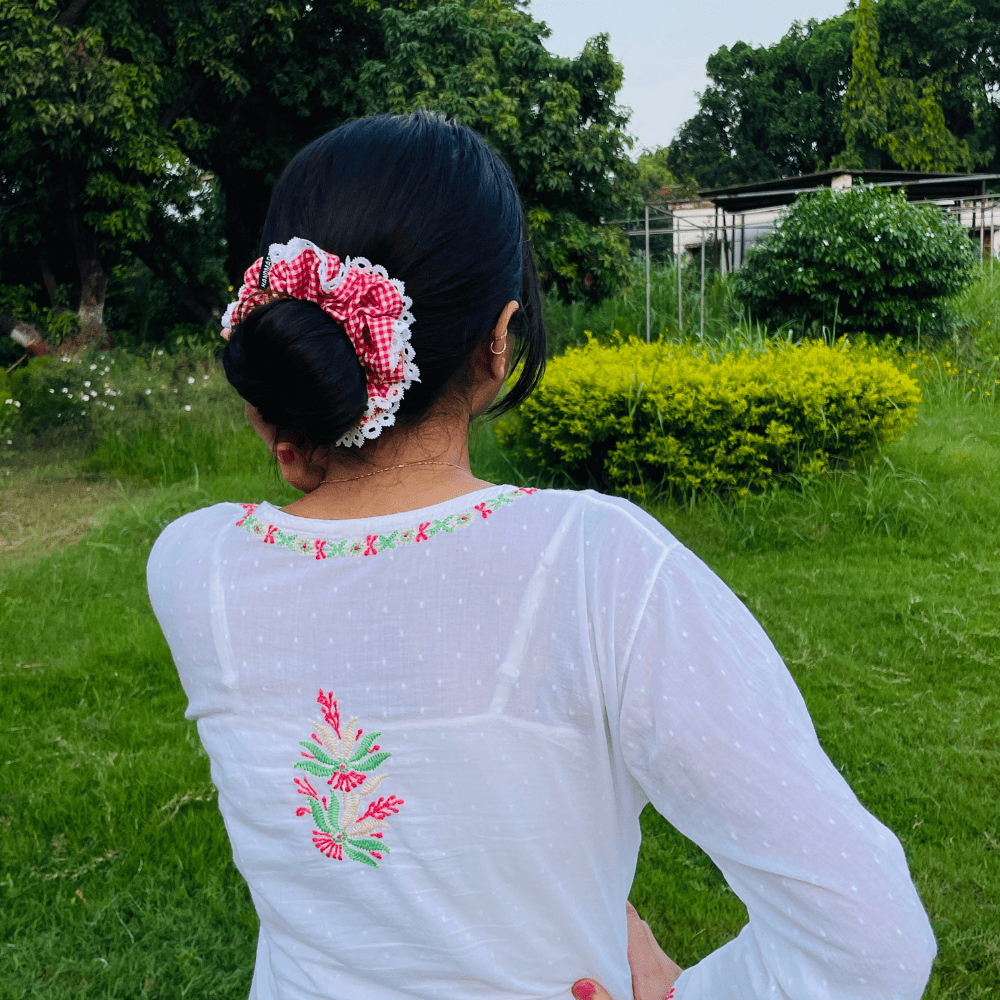 BUN SCRUNCHIE | RED AND WHITE GINGHAM | COTTON FABRIC