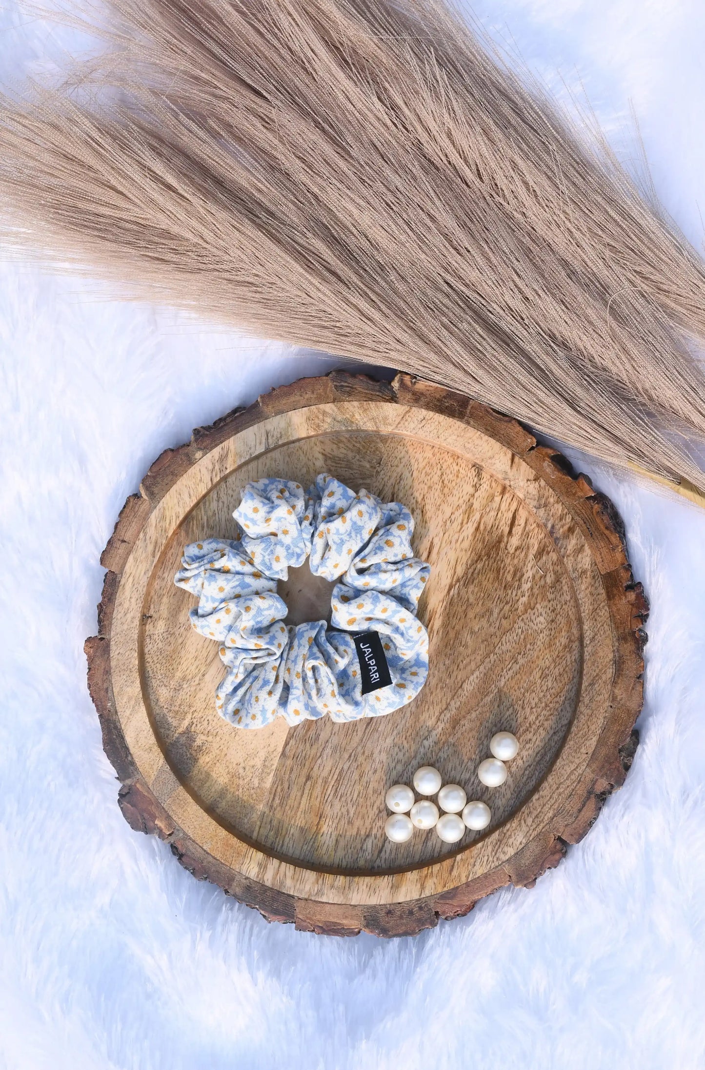 SCRUNCHIE | SKY BLUE WHITE FLORAL PRINT COLOUR | COTTON FABRIC