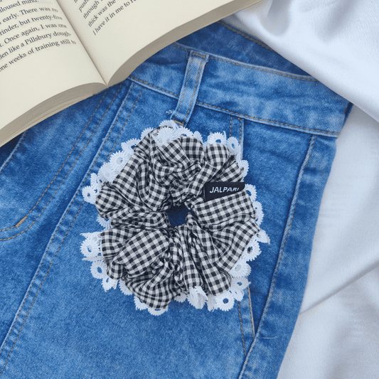 BUN SCRUNCHIE | BLACK AND WHITE GINGHAM | COTTON FABRIC