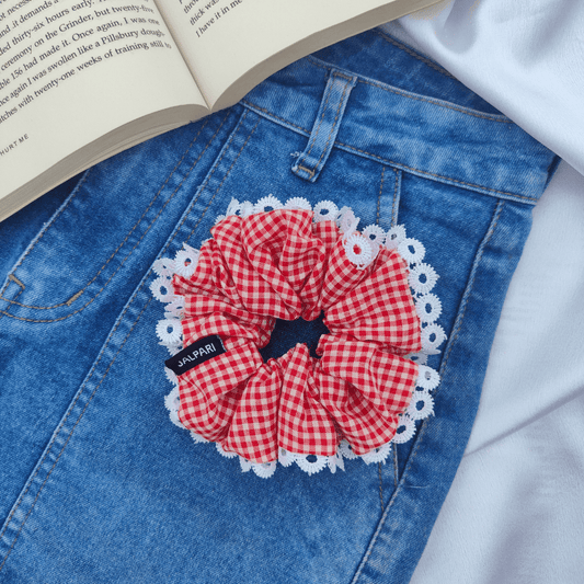 BUN SCRUNCHIE | RED AND WHITE GINGHAM | COTTON FABRIC